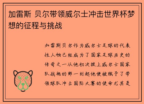 加雷斯 贝尔带领威尔士冲击世界杯梦想的征程与挑战